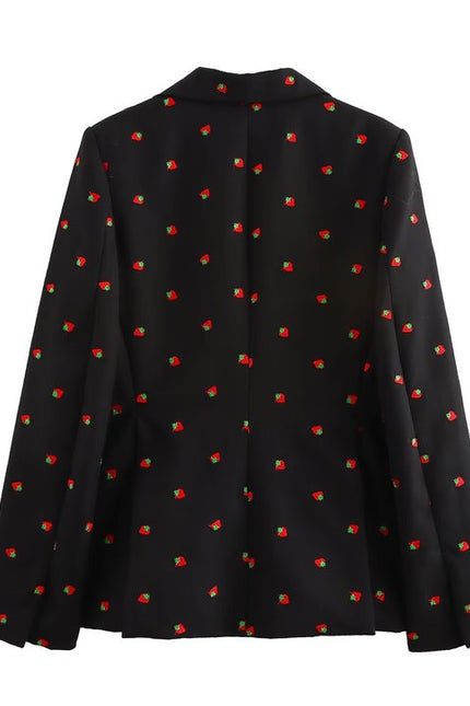 Black Color Fruit Print Black Color Long Sleeve Notched Collar Casual Fashion blazer for Women