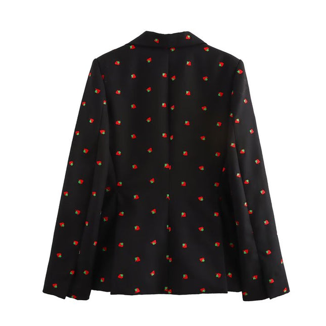 Black Color Fruit Print Black Color Long Sleeve Notched Collar Casual Fashion blazer for Women