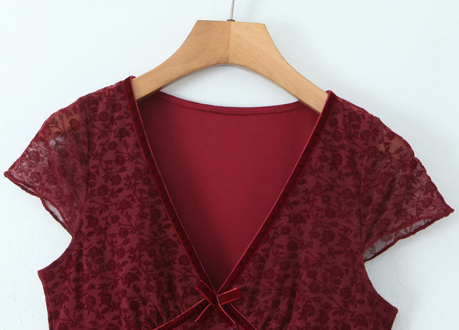V Neck Red Color Short Sleeve Front Bow Tie Casual Fashion Mini Summer Dress for Women