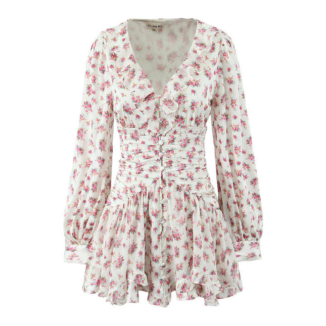 V Neck Floral Print Multi Color Long Sleeve Casual Fashion Mini Dress for Women