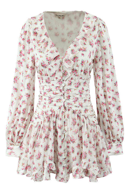 V Neck Floral Print Multi Color Long Sleeve Casual Fashion Mini Dress for Women