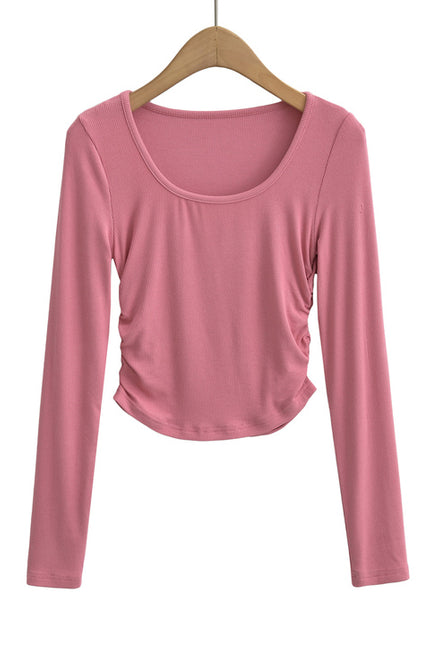 5 Colorway Solid Color Side Pleated Long Sleeve Crew Neck Casual Fashion Knitted Women t Shirt