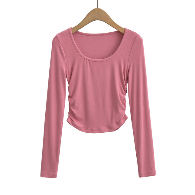 5 Colorway Solid Color Side Pleated Long Sleeve Crew Neck Casual Fashion Knitted Women t Shirt