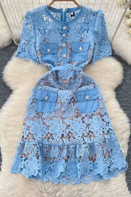 2025 Short Sleeved Dress with Hollow Embroidery Design for Women's Summer Mid Length Skirt