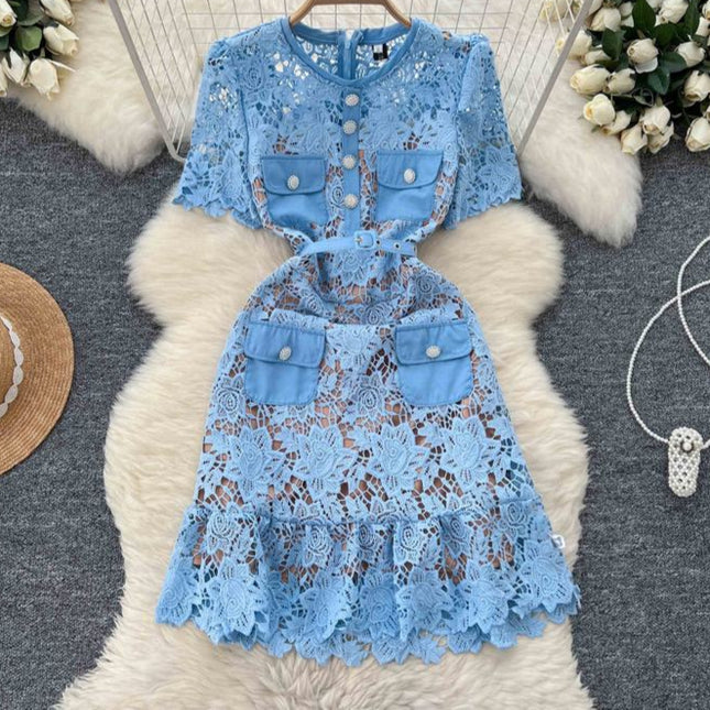 2025 Short Sleeved Dress with Hollow Embroidery Design for Women's Summer Mid Length Skirt