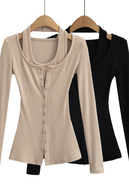 2 Colorway Solid Color Buttons up Long Sleeve Casual Fashion Women t Shirt