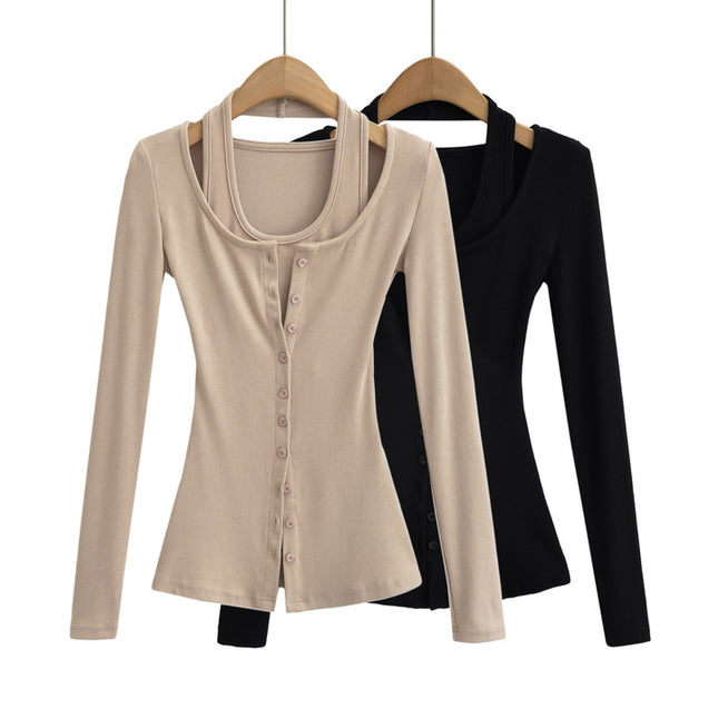 2 Colorway Solid Color Buttons up Long Sleeve Casual Fashion Women t Shirt