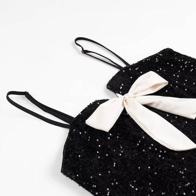 Spaghetti Strap Front Bow Tie Black Color Sequin Casual Fashion Summer Mini Dress for Women
