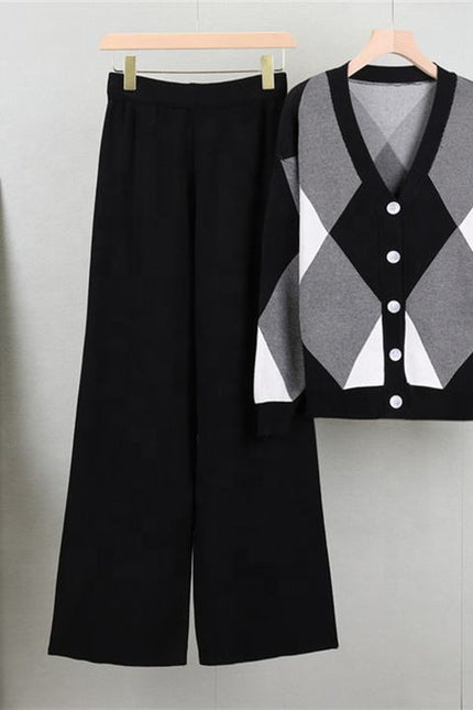 Autumn Fashion Loose Casual Knitted Cardigan Set Wide Leg Trousers and Knitted Cardigan Two-piece Set Female