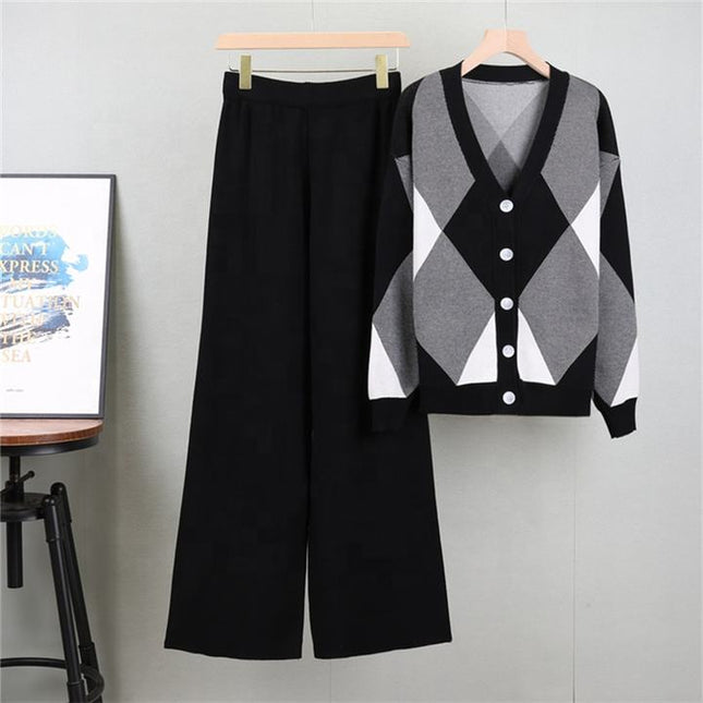 Autumn Fashion Loose Casual Knitted Cardigan Set Wide Leg Trousers and Knitted Cardigan Two-piece Set Female