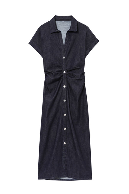 Turn Down Collar Buttons up Short Sleeve Denim Blue Color Casual Fashion Jeans Shirt Dress for Women
