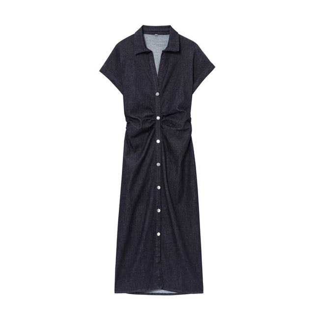 Turn Down Collar Buttons up Short Sleeve Denim Blue Color Casual Fashion Jeans Shirt Dress for Women