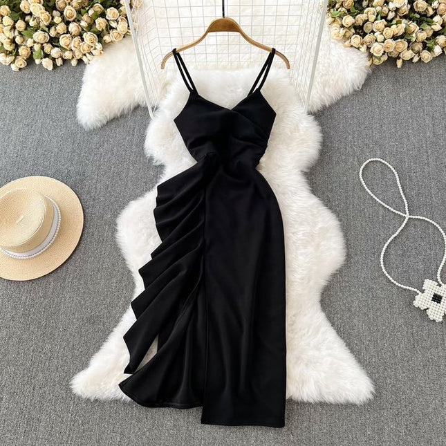 Summer New Spaghetti Strap Sexy Fashion Slip Pull Rope Ruffle Empire Tight Fitting Pleat Sheath Dress