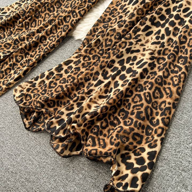 Women Square Neck Sleeveless Summer New Waisted Loose Wide Leg Pants Leopard Print Jumpsuit
