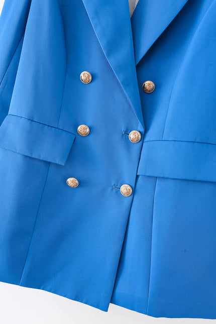 Blue Color Double Breasted Long Sleeve Notched Collar Casual blazer Jacket for Women