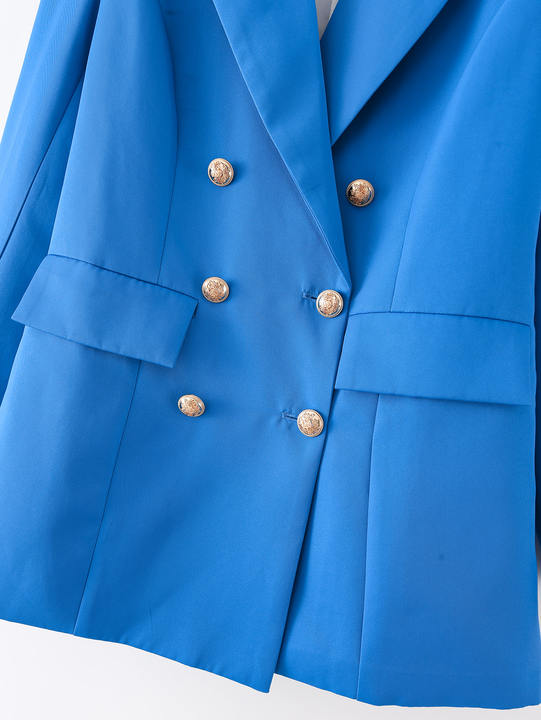 Blue Color Double Breasted Long Sleeve Notched Collar Casual blazer Jacket for Women