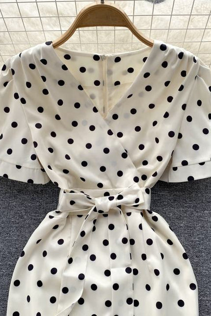 Summer Latest V Neck Short Sleeve Straight Casual Polka Dot Summer Dress