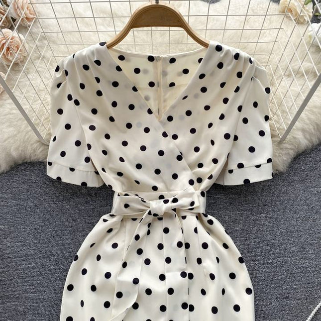 Summer Latest V Neck Short Sleeve Straight Casual Polka Dot Summer Dress