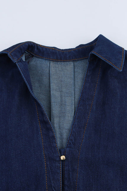 Turn Down Collar Buttons up Long Sleeve Denim Blue Color Casual Fashion Jeans Tops Blouse for Women