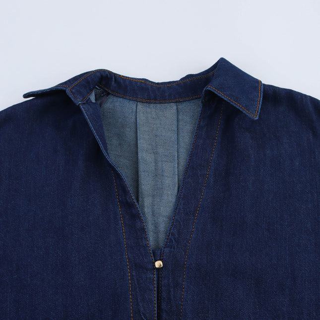 Turn Down Collar Buttons up Long Sleeve Denim Blue Color Casual Fashion Jeans Tops Blouse for Women