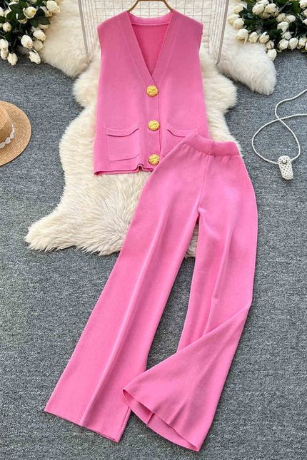 Verão Solid Sleeveless Cardigan Set Casual Metal Button Knit Vest Wide Leg Pants Set Knit Two Piece Set Mulheres