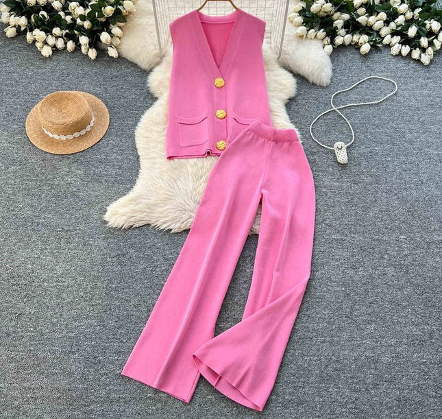 Verão Solid Sleeveless Cardigan Set Casual Metal Button Knit Vest Wide Leg Pants Set Knit Two Piece Set Mulheres