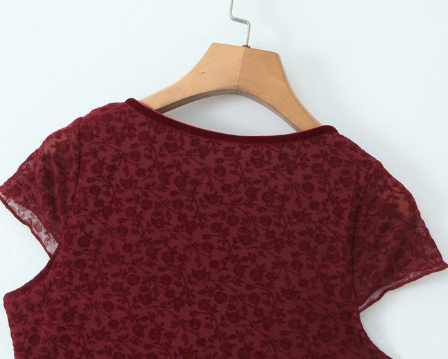 V Neck Red Color Short Sleeve Front Bow Tie Casual Fashion Mini Summer Dress for Women