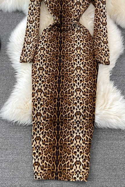 Sexy Leopard Print Standing Neck Women's Long Sleeve Tight Stretch Bodycon Long Dresses