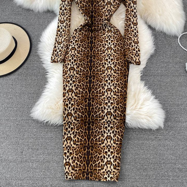 Sexy Leopard Print Standing Neck Women's Long Sleeve Tight Stretch Bodycon Long Dresses