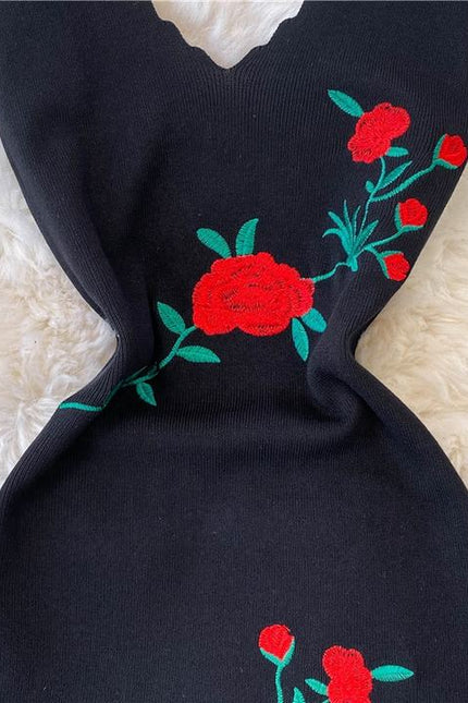 New Rose Embroidered Black Skinny Knitted Strap Split Dress for Women