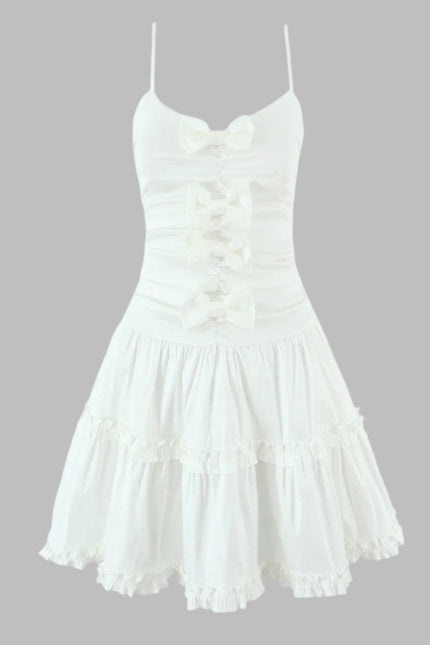 Spaghetti Strap White Color Bow Tie Casual Fashion Mini slip Dress for Women