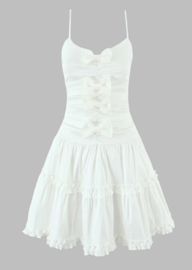 Spaghetti Strap White Color Bow Tie Casual Fashion Mini slip Dress for Women
