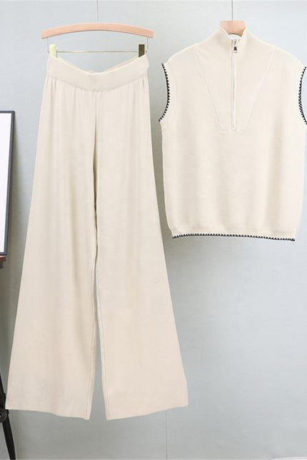Zipper Sleeveless Knitted Vest Set for Women, Slimming and Wide Leg Pants Two-piece Set Trendy