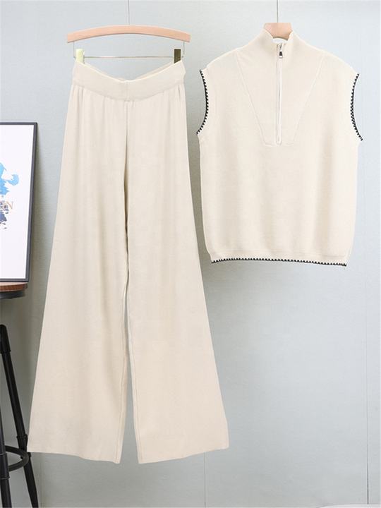 Zipper Sleeveless Knitted Vest Set for Women, Slimming and Wide Leg Pants Two-piece Set Trendy