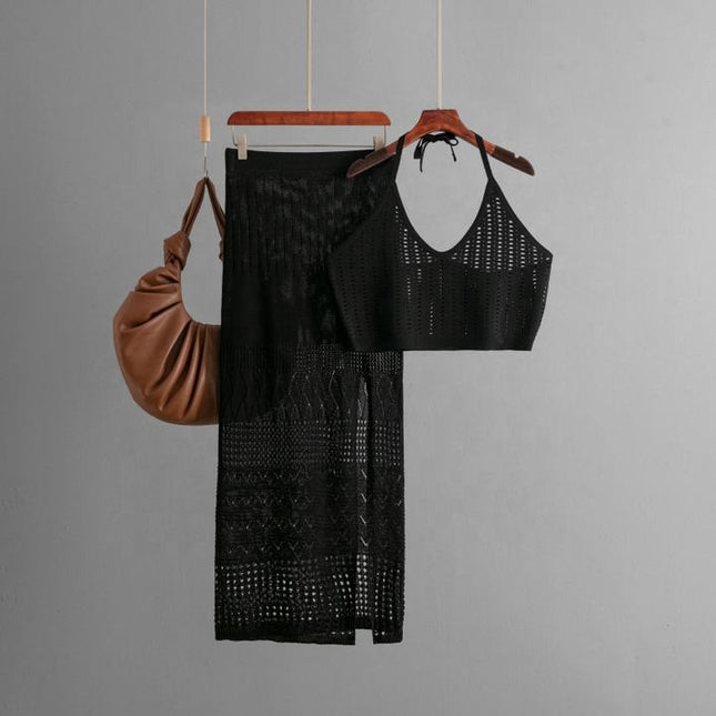 Europe and the United States New Women's Summer Short Vest Top Two-piece Set Split Buttock Wrap Skirt