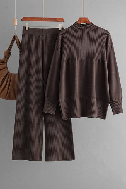 High-grade Casual Two-piece Knit Fashion Set Women's Autumn Winter Long Sleeve Sweater + High Waist Slimming Slacks