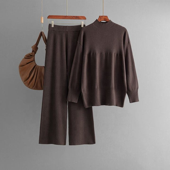 High-grade Casual Two-piece Knit Fashion Set Women's Autumn Winter Long Sleeve Sweater + High Waist Slimming Slacks