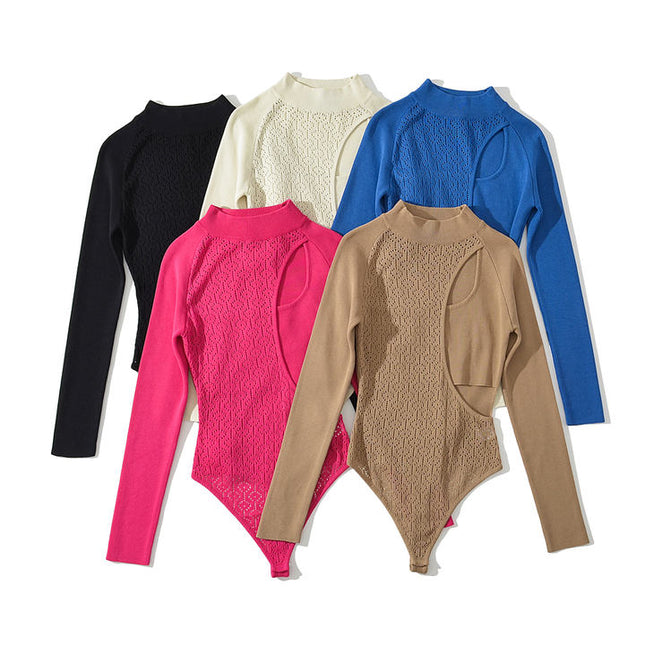 4 Colorway Crew Neck Zipper Fly Solid Color Long Sleeve Casual Bodysuits for Women
