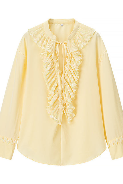 Crew Neck Front Ruffle Long Sleeve Blouse Yellow Color Long Skirt Causal Fashion Women 2 Piece Set