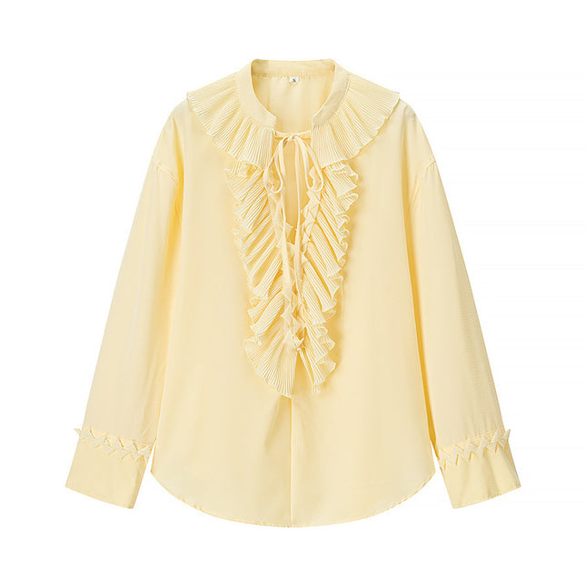 Crew Neck Front Ruffle Long Sleeve Blouse Yellow Color Long Skirt Causal Fashion Women 2 Piece Set