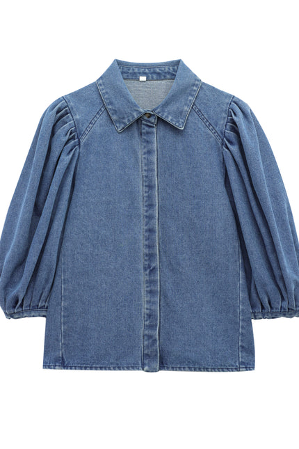 Turn Down Collar Denim Blue Color Buttons up Long Sleeve Casual Fashion Jeans Tops for Women