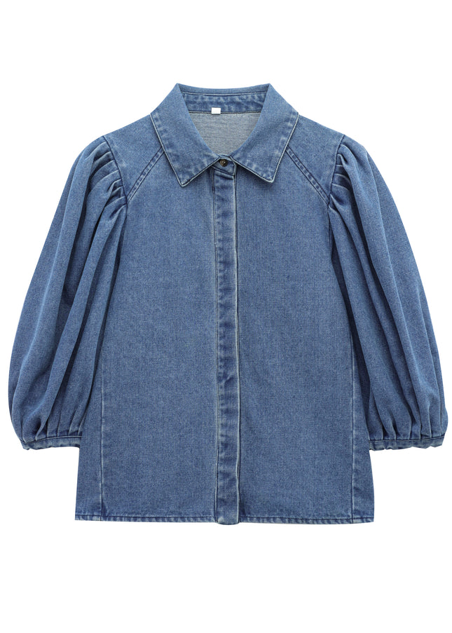 Turn Down Collar Denim Blue Color Buttons up Long Sleeve Casual Fashion Jeans Tops for Women