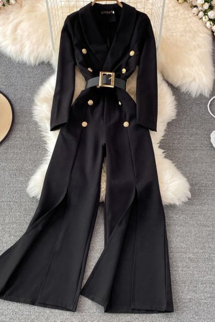 Spring Fashion OL Professional Office Style Jumpsuit High Waist Split Wide Leg Jumpsuit Pants