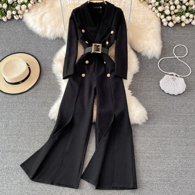 Spring Fashion OL Professional Office Style Jumpsuit High Waist Split Wide Leg Jumpsuit Pants