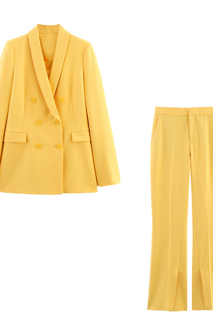 Notched Collar Double Breasted Yellow Color Long Sleeve Casual Fashion blazer Jacket for Women