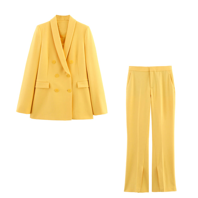 Notched Collar Double Breasted Yellow Color Long Sleeve Casual Fashion blazer Jacket for Women