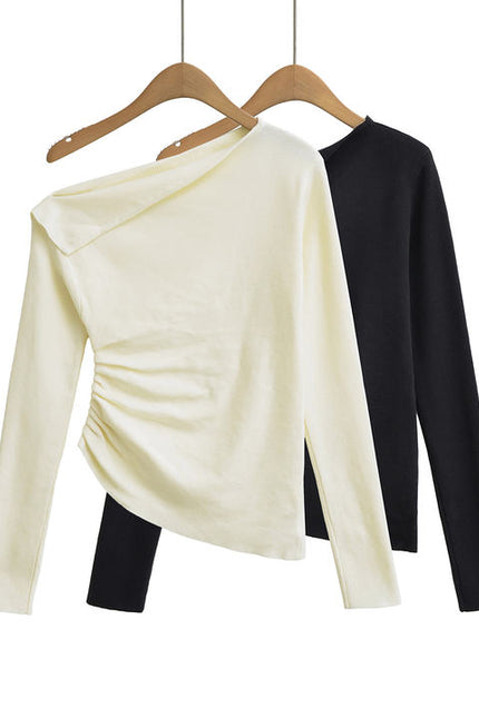 2 Colorway Asymmetrical Design Long Sleeve Solid Color Casual Fashion Tops Blouse for Women