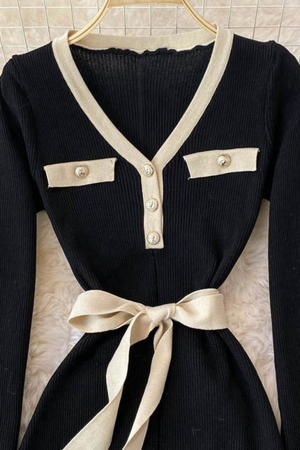 Autumn Winter New Knitted V-Neck Long Sleeve Women Black Sweater Fashion Casual Dresses