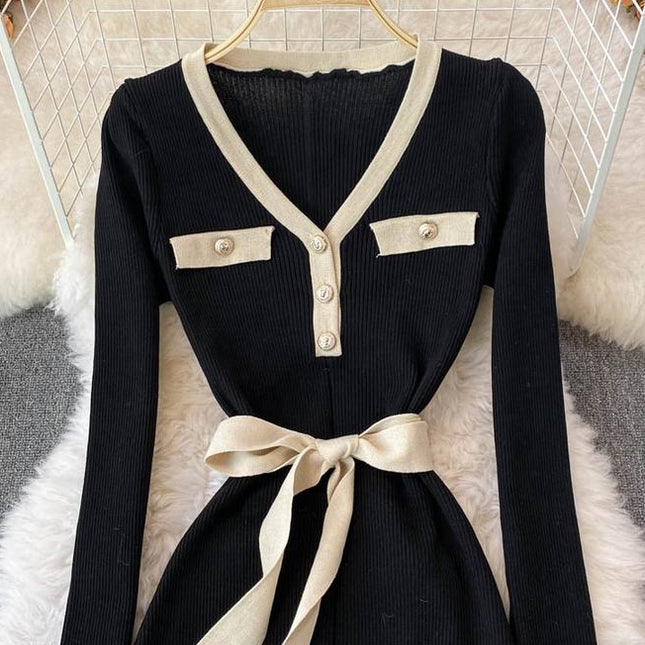 Autumn Winter New Knitted V-Neck Long Sleeve Women Black Sweater Fashion Casual Dresses