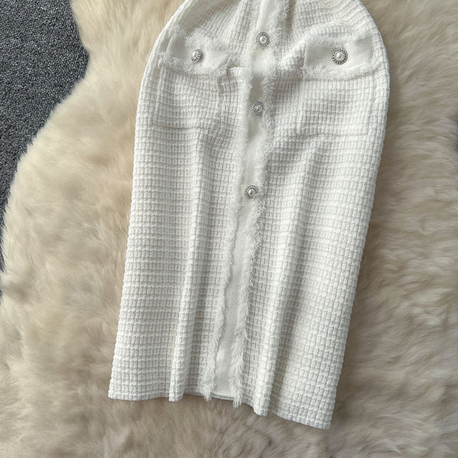 Boutique Sexy V-neck Knitted Dress Summer Dress Women's Casual Elegant Short Sleeved Button Knitted Dress